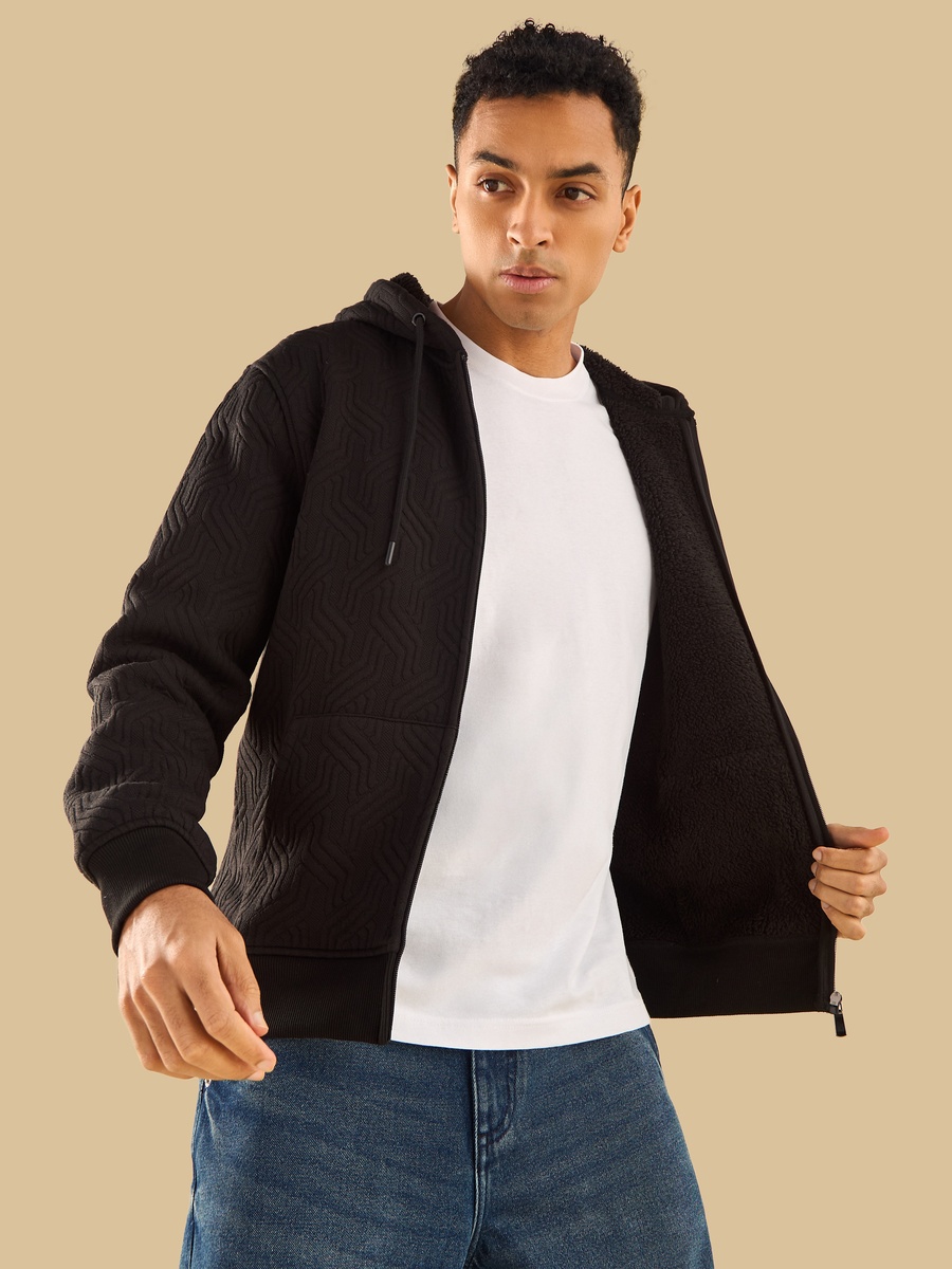 Sherpa Lined Jacquard Zip Through Hoodie