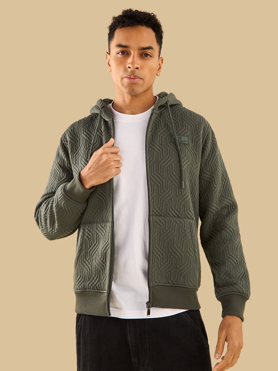 Sherpa Lined Jacquard Zip Through Hoodie