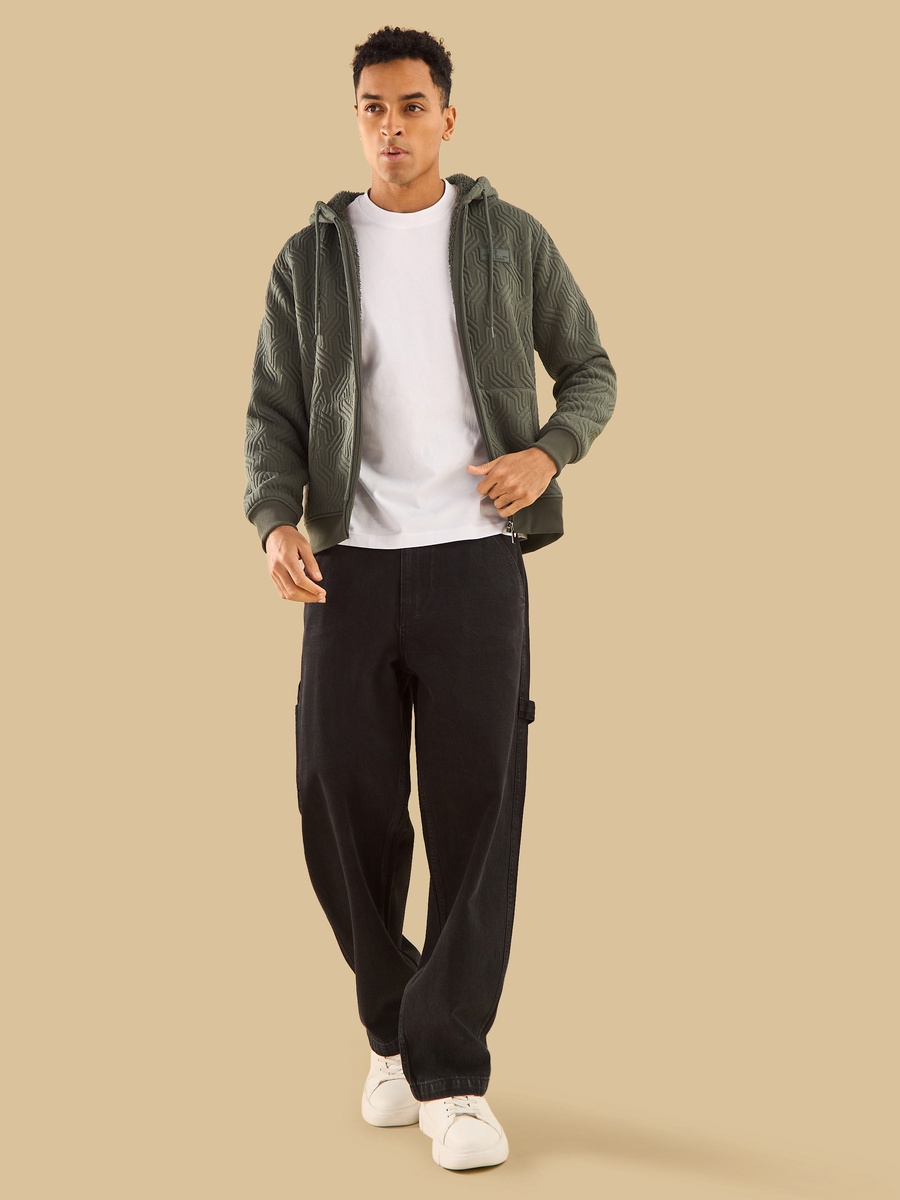 Sherpa Lined Jacquard Zip Through Hoodie