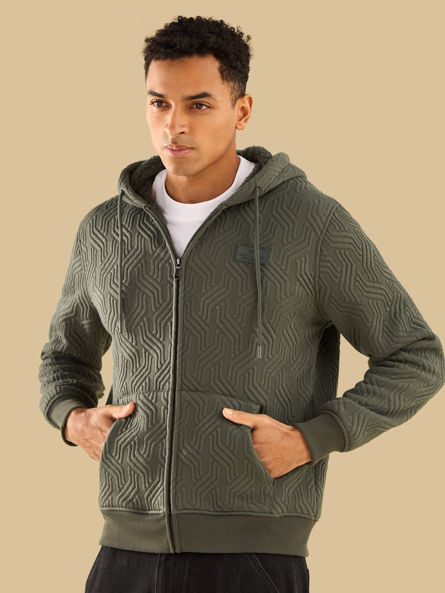 Sherpa Lined Jacquard Zip Through Hoodie