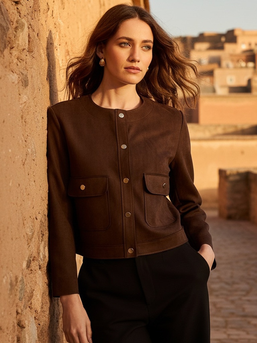 Round Neck Suede Look Jacket
