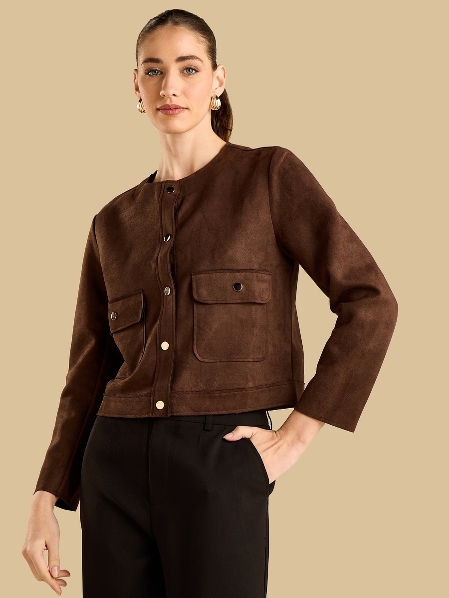 Round Neck Suede Look Jacket