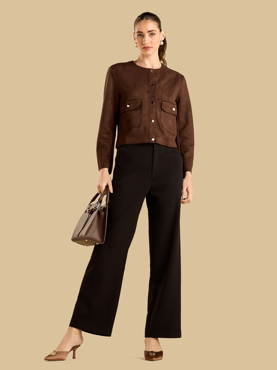 Round Neck Suede Look Jacket