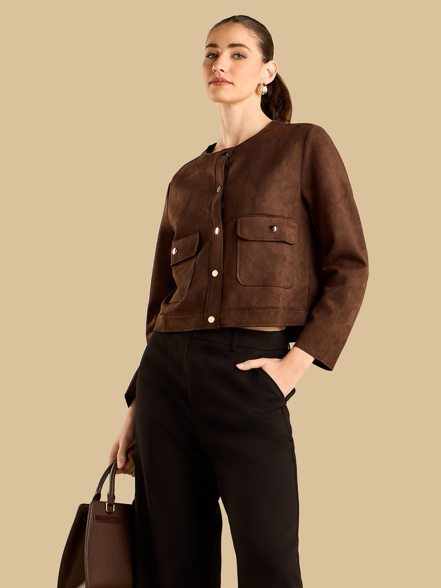 Round Neck Suede Look Jacket