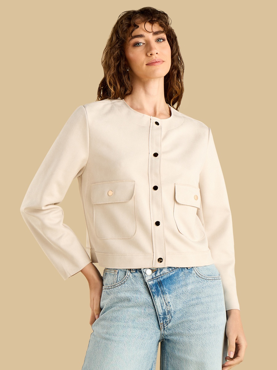 Round Neck Suede Look Jacket