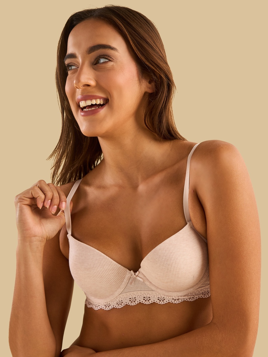 Ribbed Demi Bra with Lace Trim