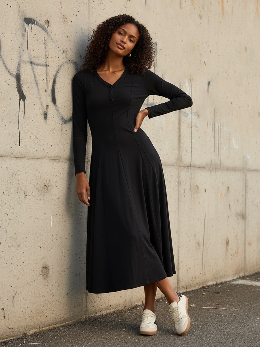 Panelled V Neck Viscose Dress