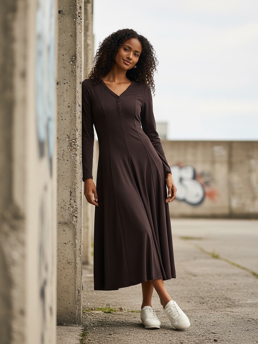 Panelled V Neck Viscose Dress