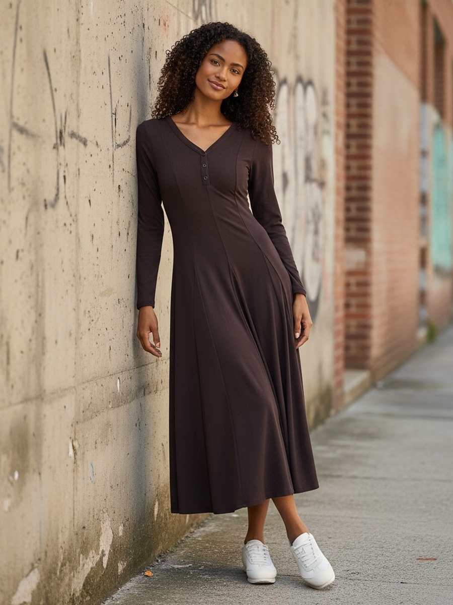 Panelled V Neck Viscose Dress
