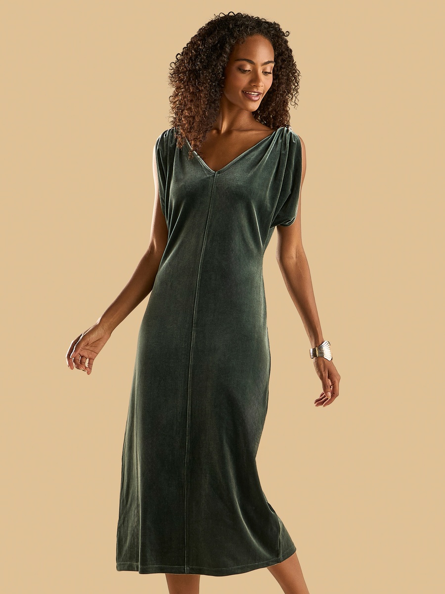 Midi Sleeveless Velour Dress with V Neck