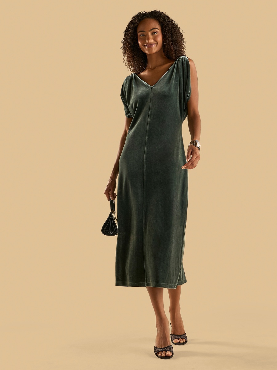 Midi Sleeveless Velour Dress with V Neck