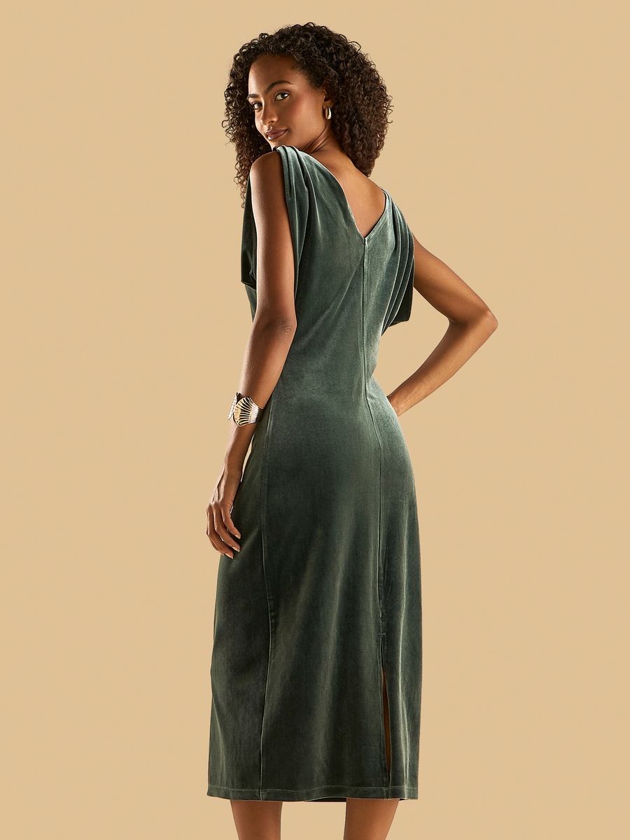 Midi Sleeveless Velour Dress with V Neck