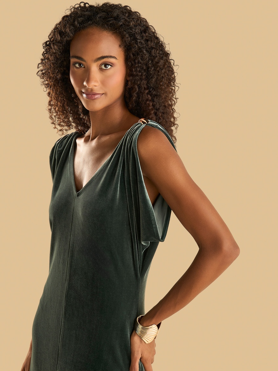 Midi Sleeveless Velour Dress with V Neck