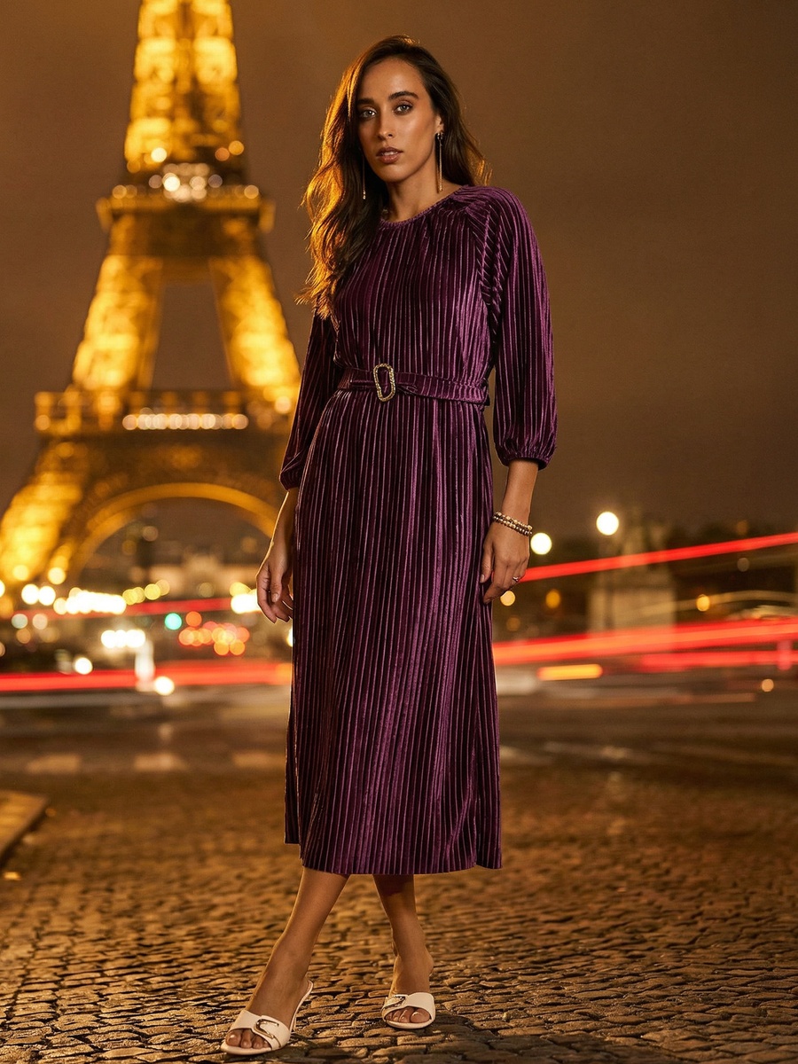 Pleated Velour Plisse Belted Dress