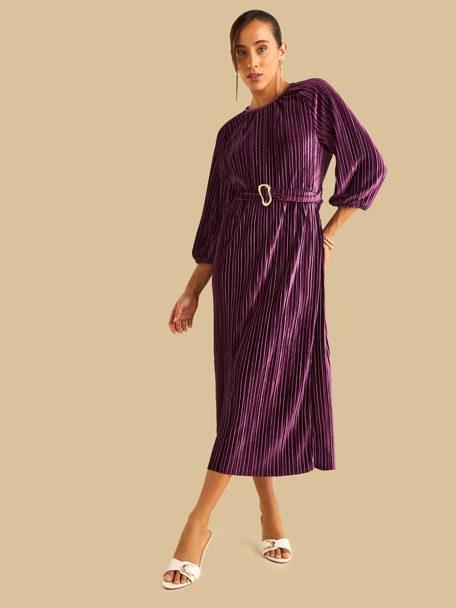 Pleated Velour Plisse Belted Dress