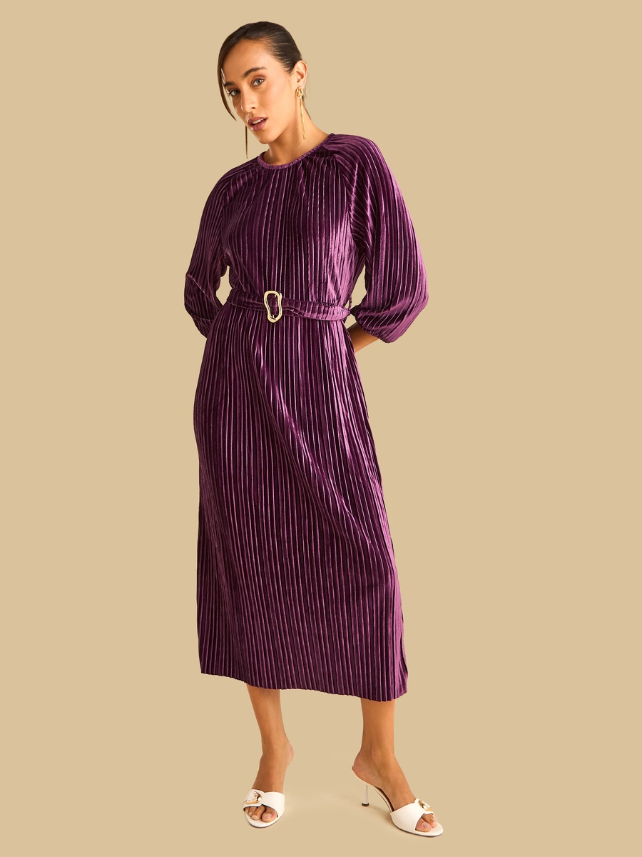 Pleated Velour Plisse Belted Dress