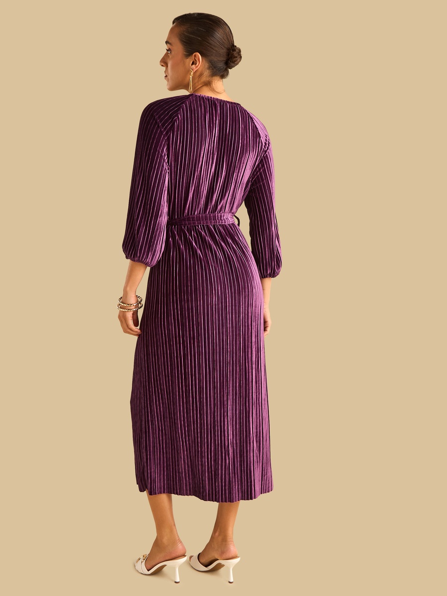 Pleated Velour Plisse Belted Dress