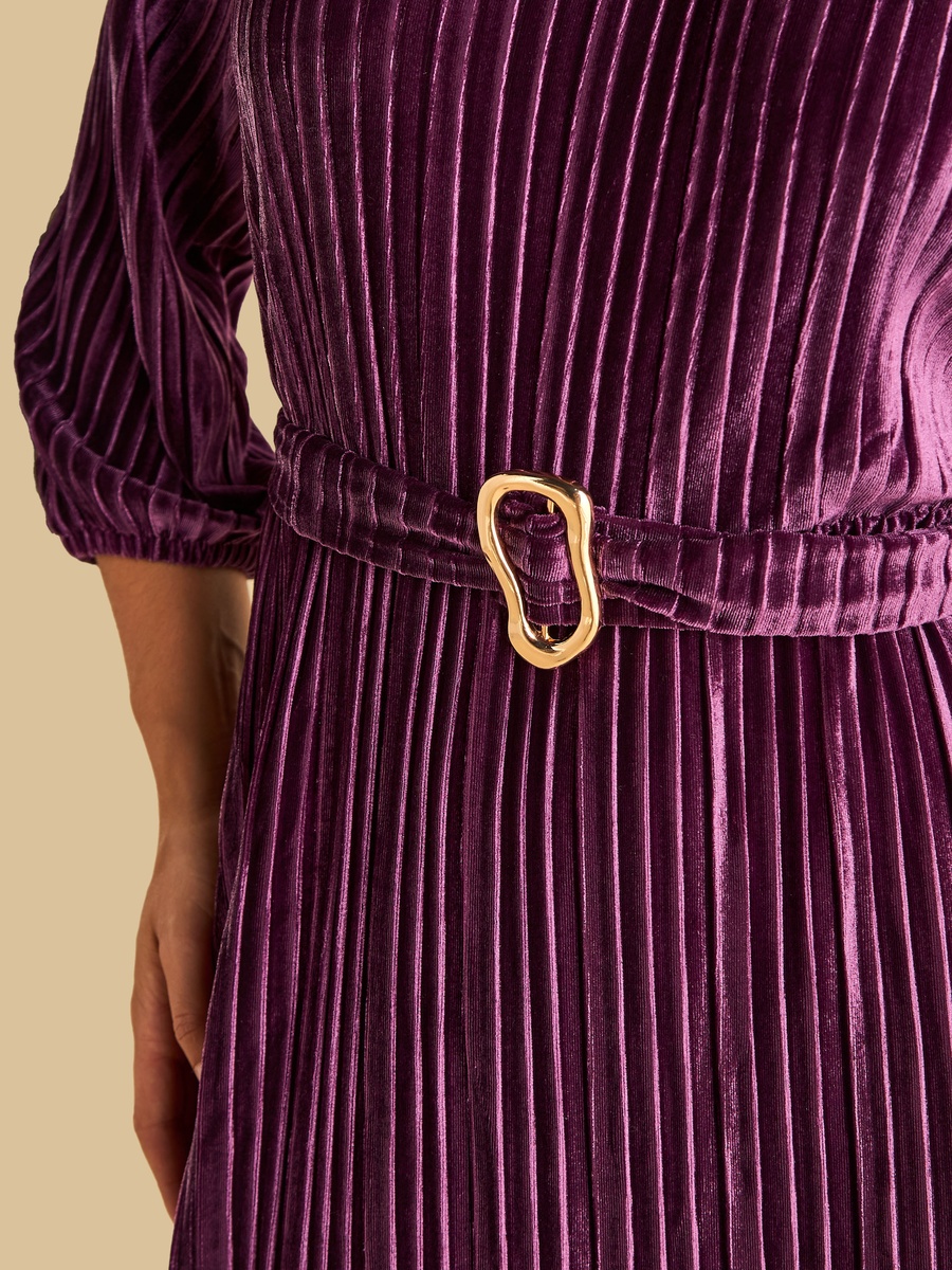 Pleated Velour Plisse Belted Dress