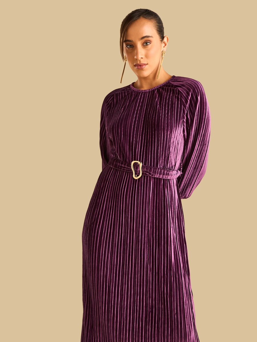 Pleated Velour Plisse Belted Dress