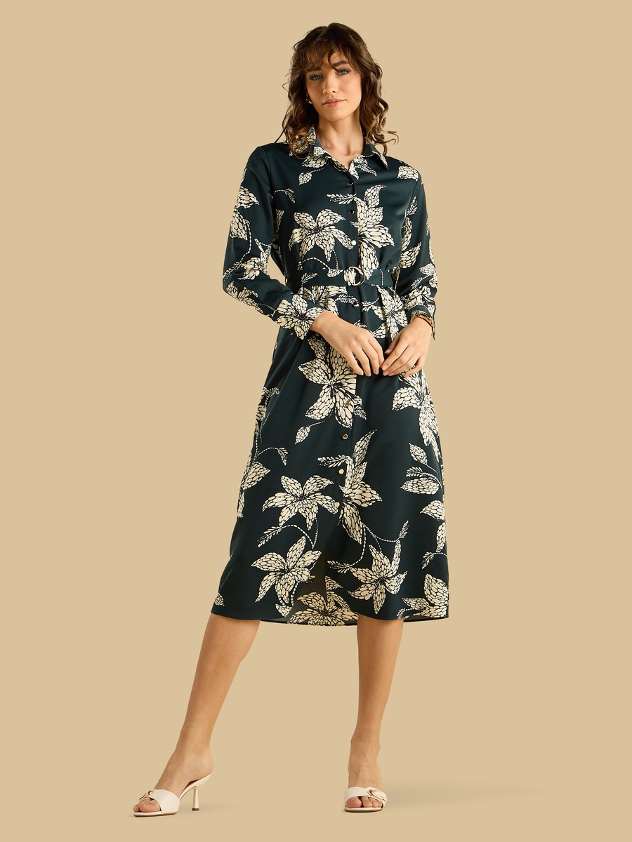Printed Belted Satin Shirt Dress