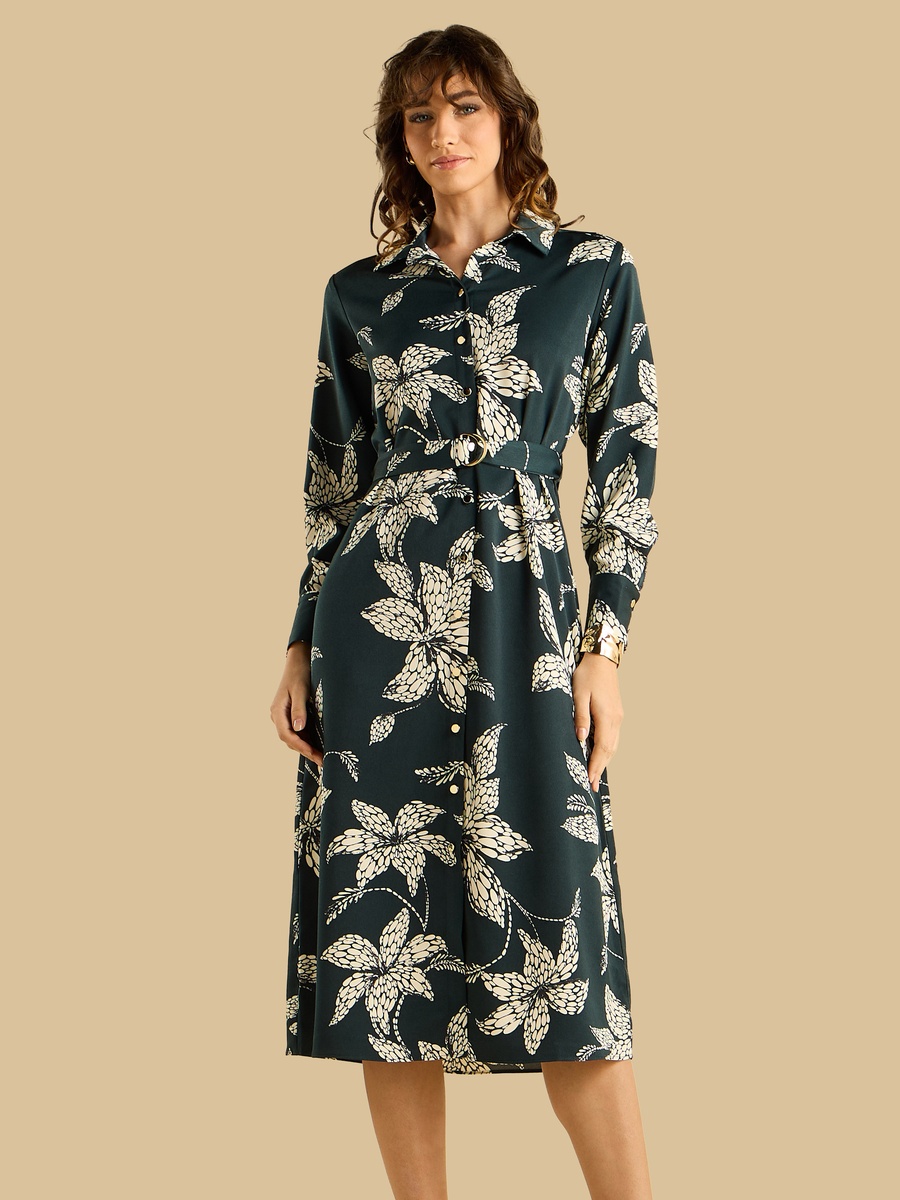 Printed Belted Satin Shirt Dress