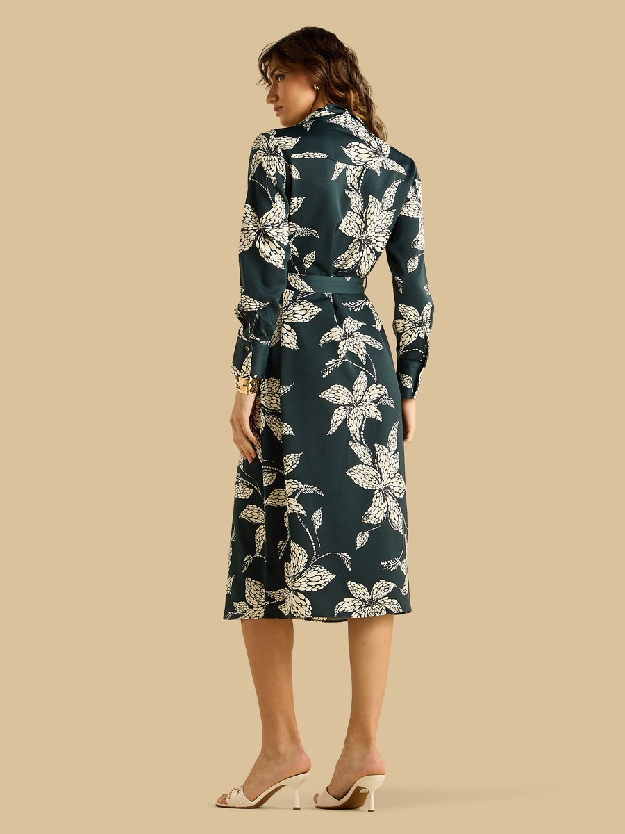 Printed Belted Satin Shirt Dress