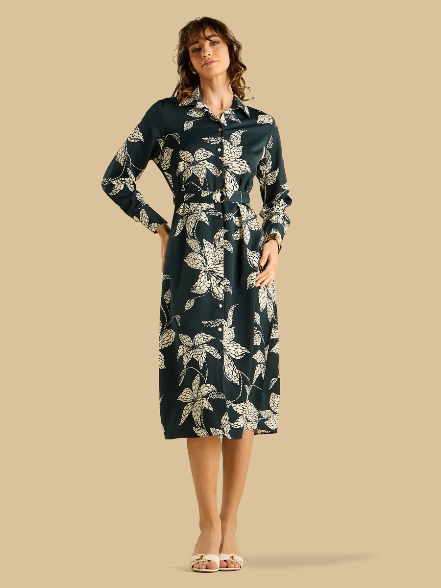 Printed Belted Satin Shirt Dress