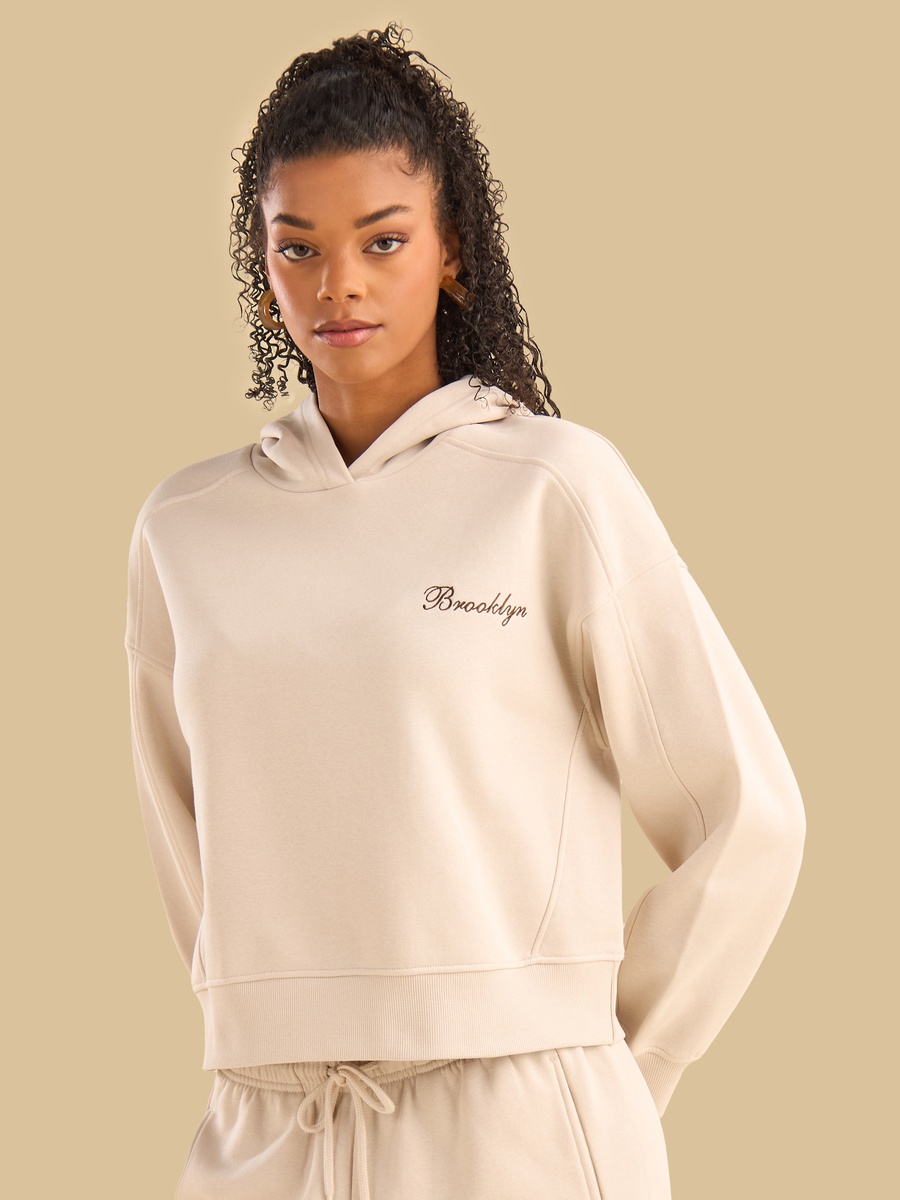 Slogan Embroidered Hooded Sweatshirt