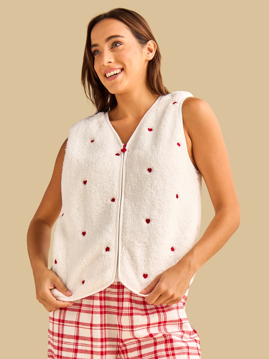 Heart Embroidered Checked Fleece Pyjama Set