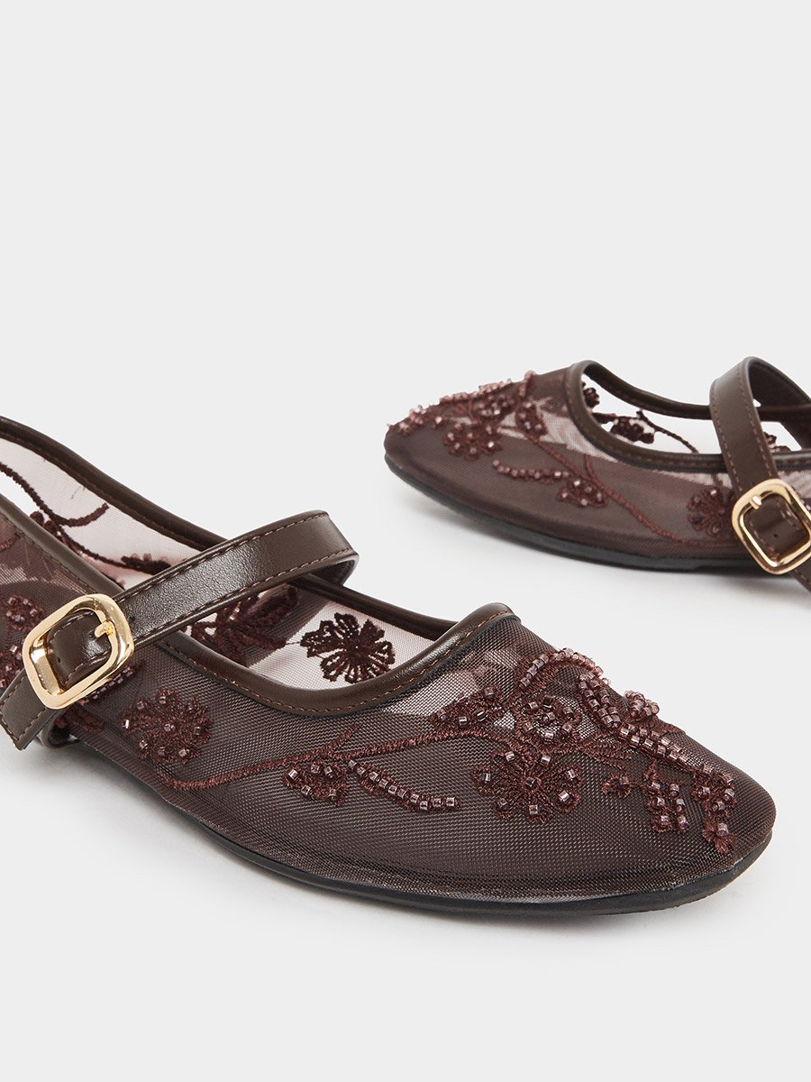 Brown Embroidered Mesh Ballerinas