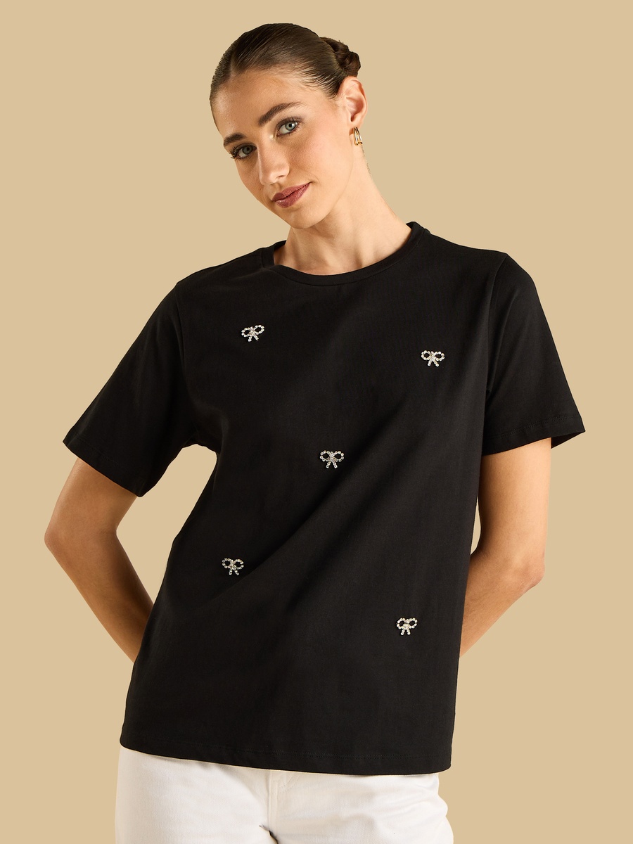 Bow Rhinestone Embellished T-Shirt