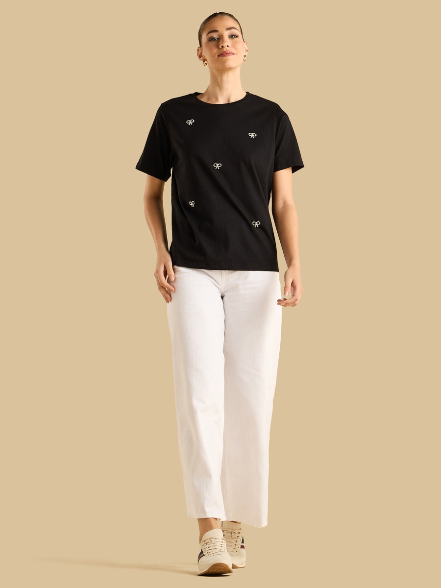 Bow Rhinestone Embellished T-Shirt