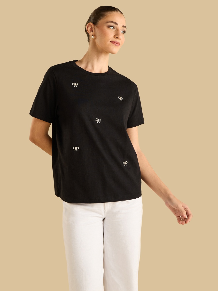 Bow Rhinestone Embellished T-Shirt