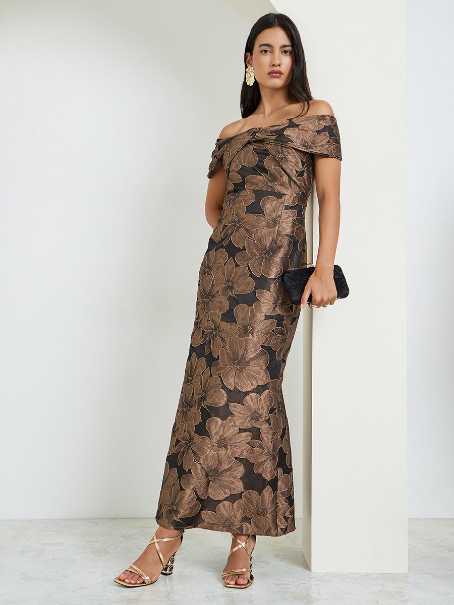Black Floral Jacquard Off-Shoulder Maxi Dress