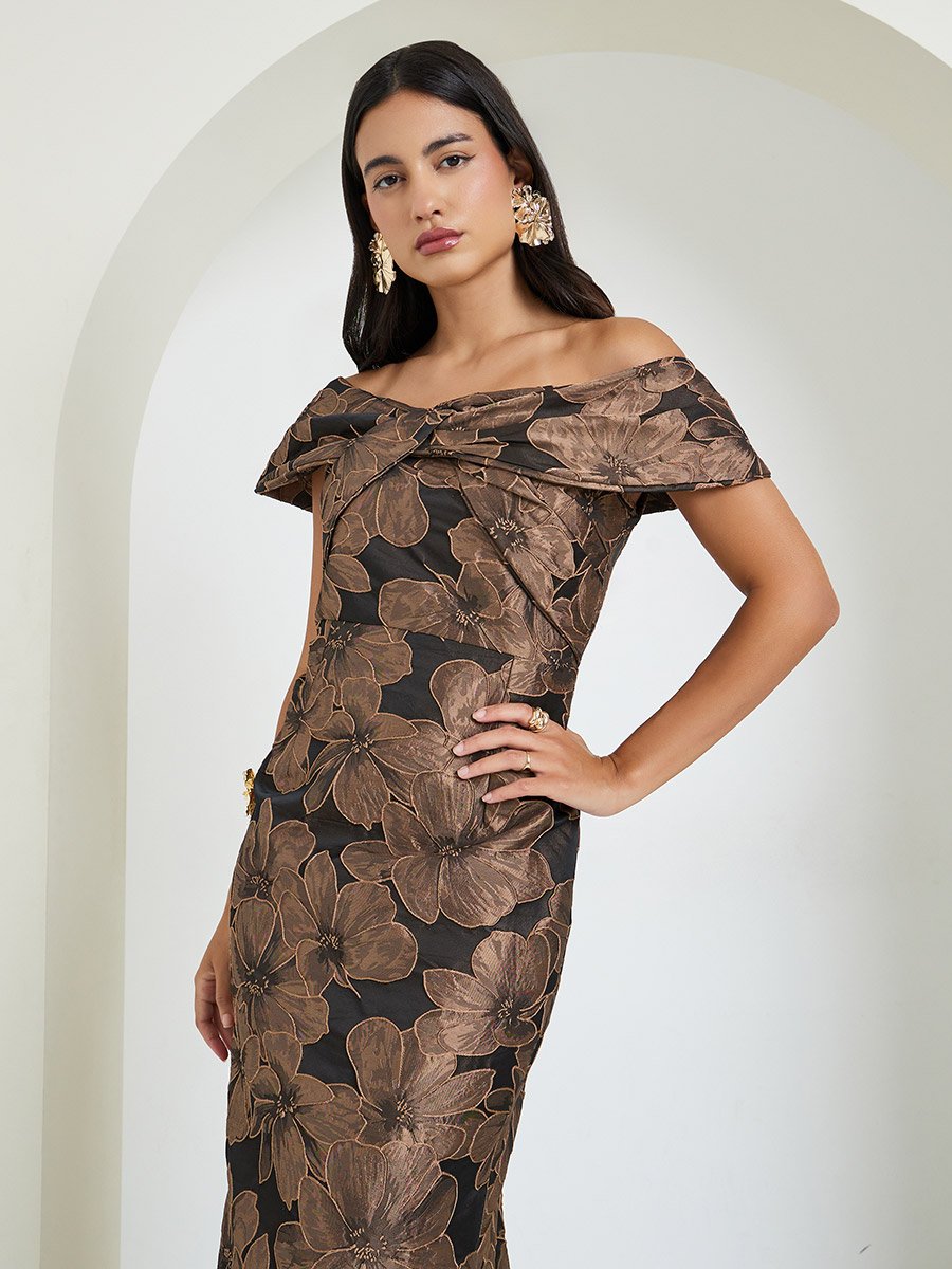 Black Floral Jacquard Off-Shoulder Maxi Dress