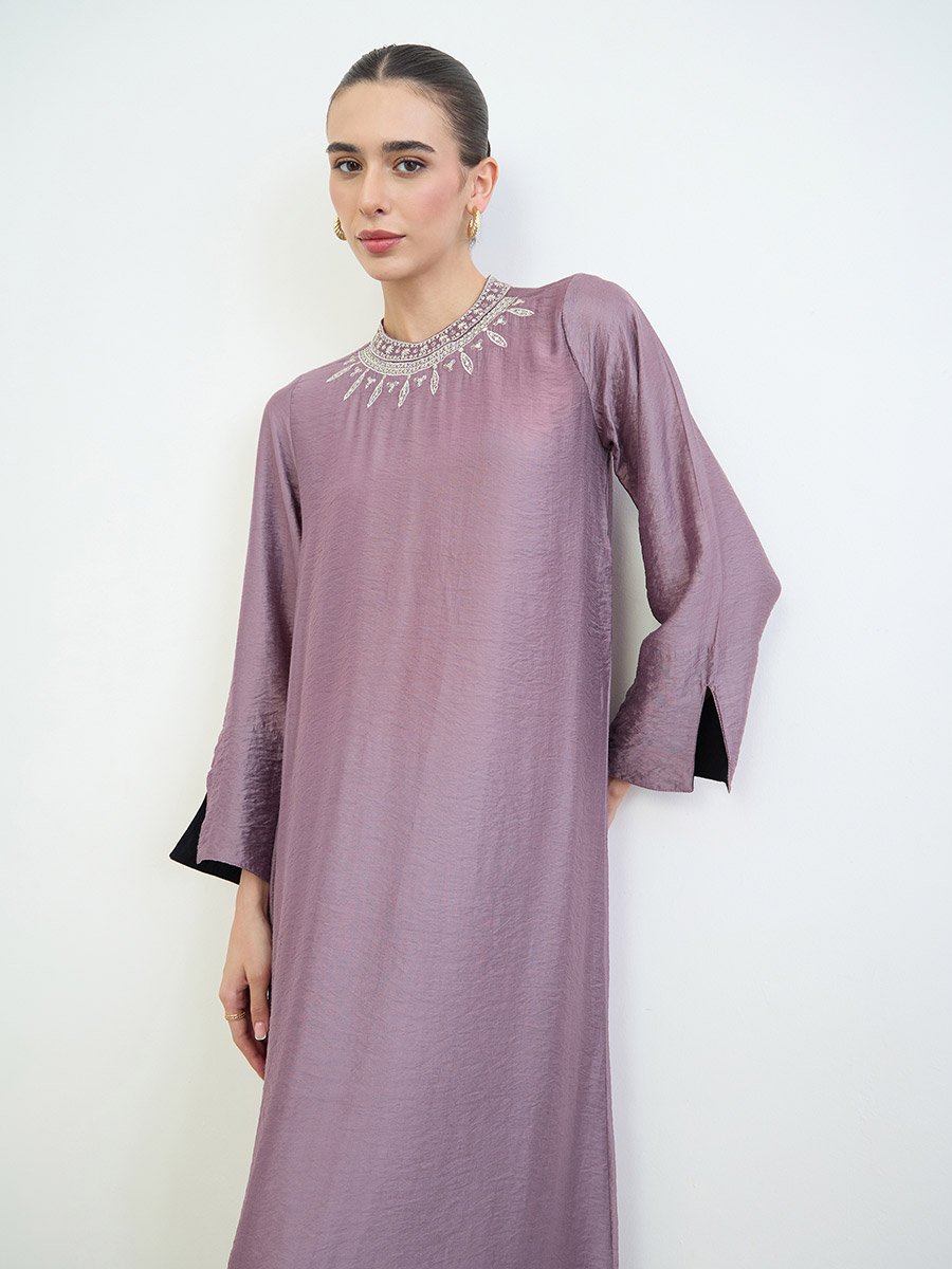 Purple Sequined Embroidery Yoke Jalabiya