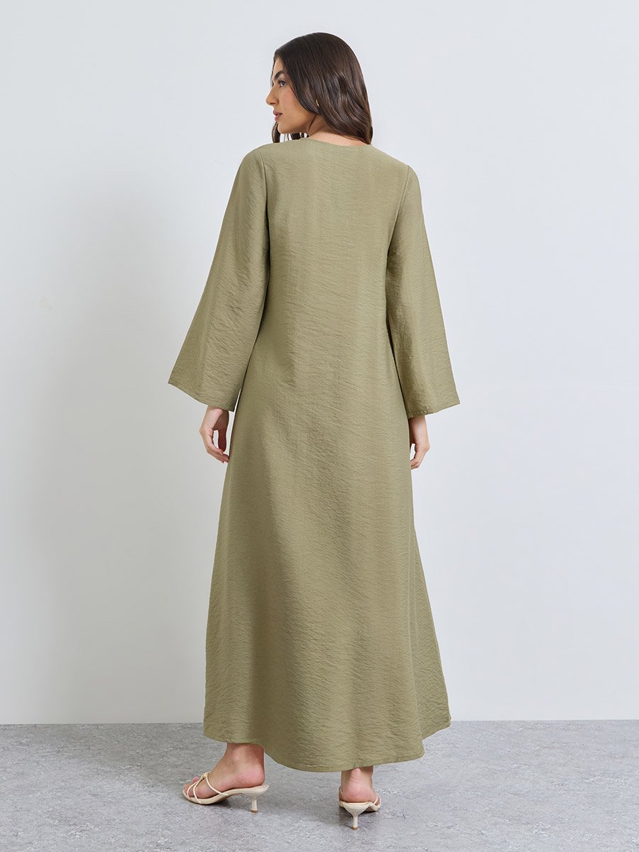 Green Embroidered Yoke Notch Neck Jalabiya