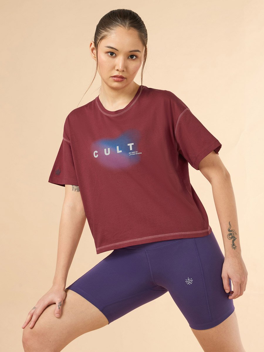 Women Maroon Spirit Graphic Boxy Crop T-Shirt