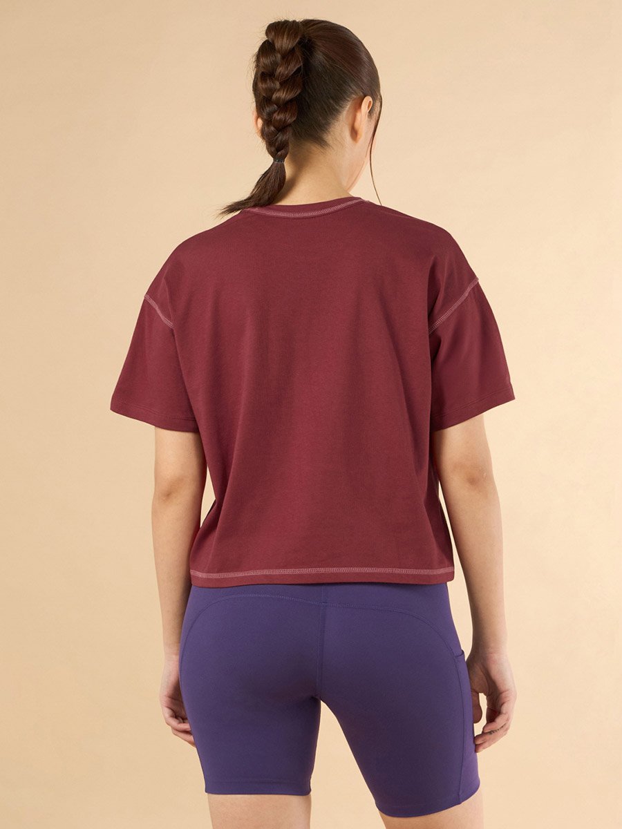 Women Maroon Spirit Graphic Boxy Crop T-Shirt