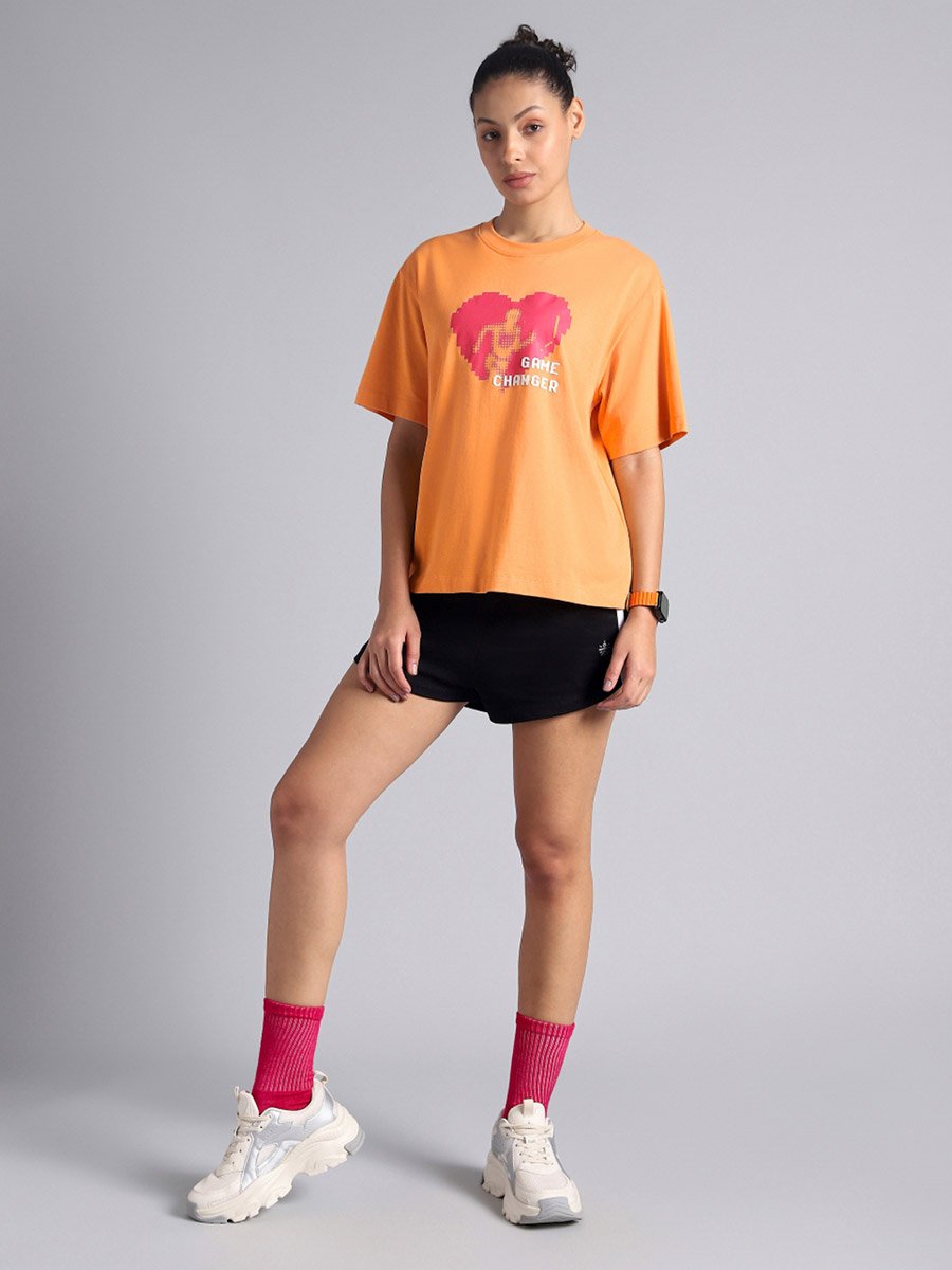 Women Orange Graphic Relaxed Fit T-Shirt