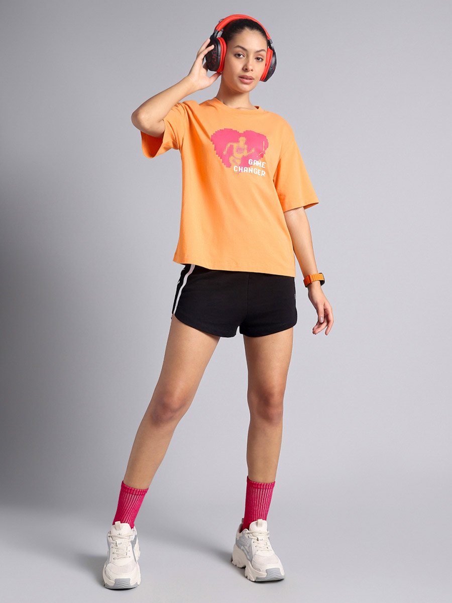 Women Orange Graphic Relaxed Fit T-Shirt