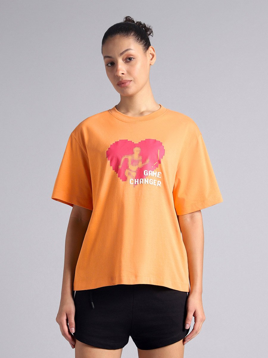 Women Orange Graphic Relaxed Fit T-Shirt