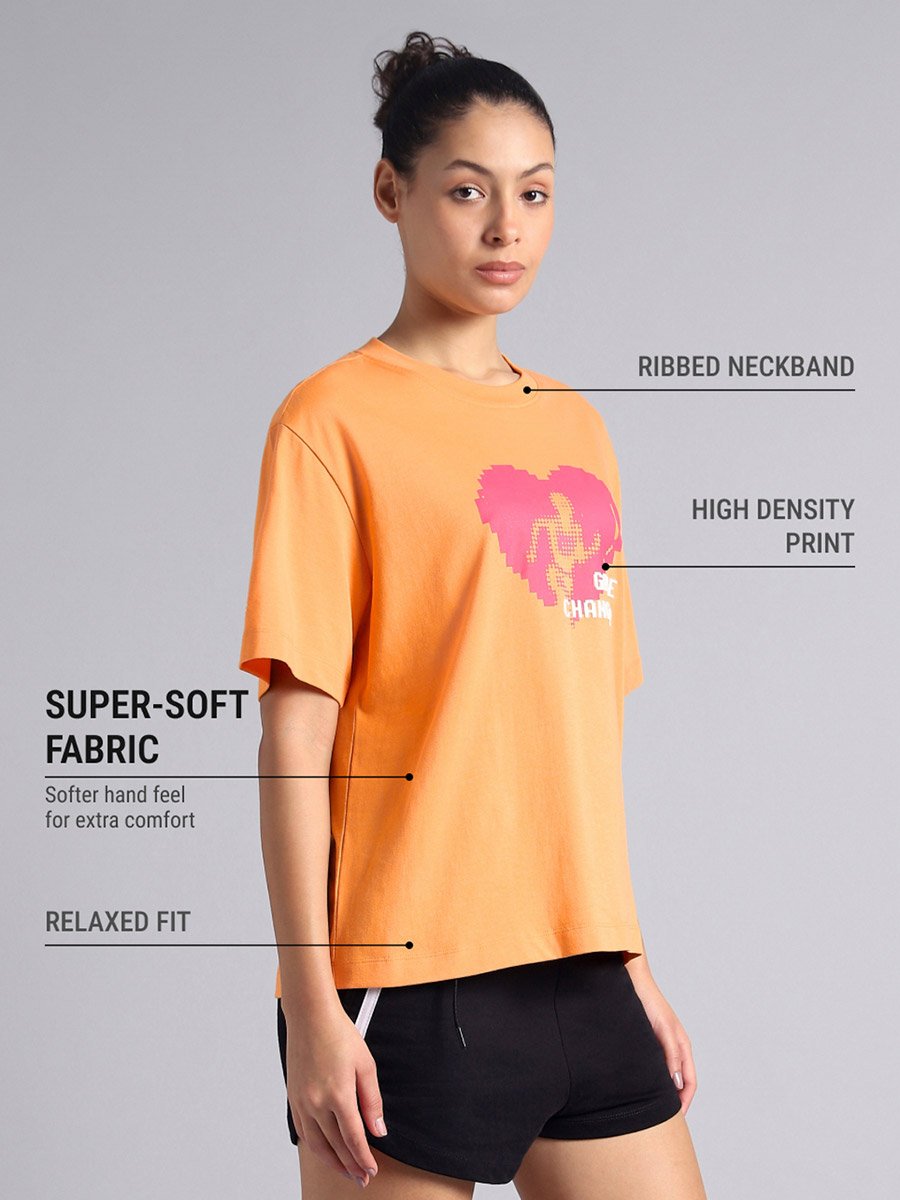Women Orange Graphic Relaxed Fit T-Shirt