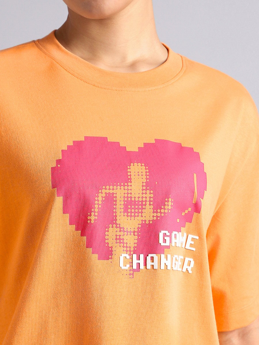 Women Orange Graphic Relaxed Fit T-Shirt