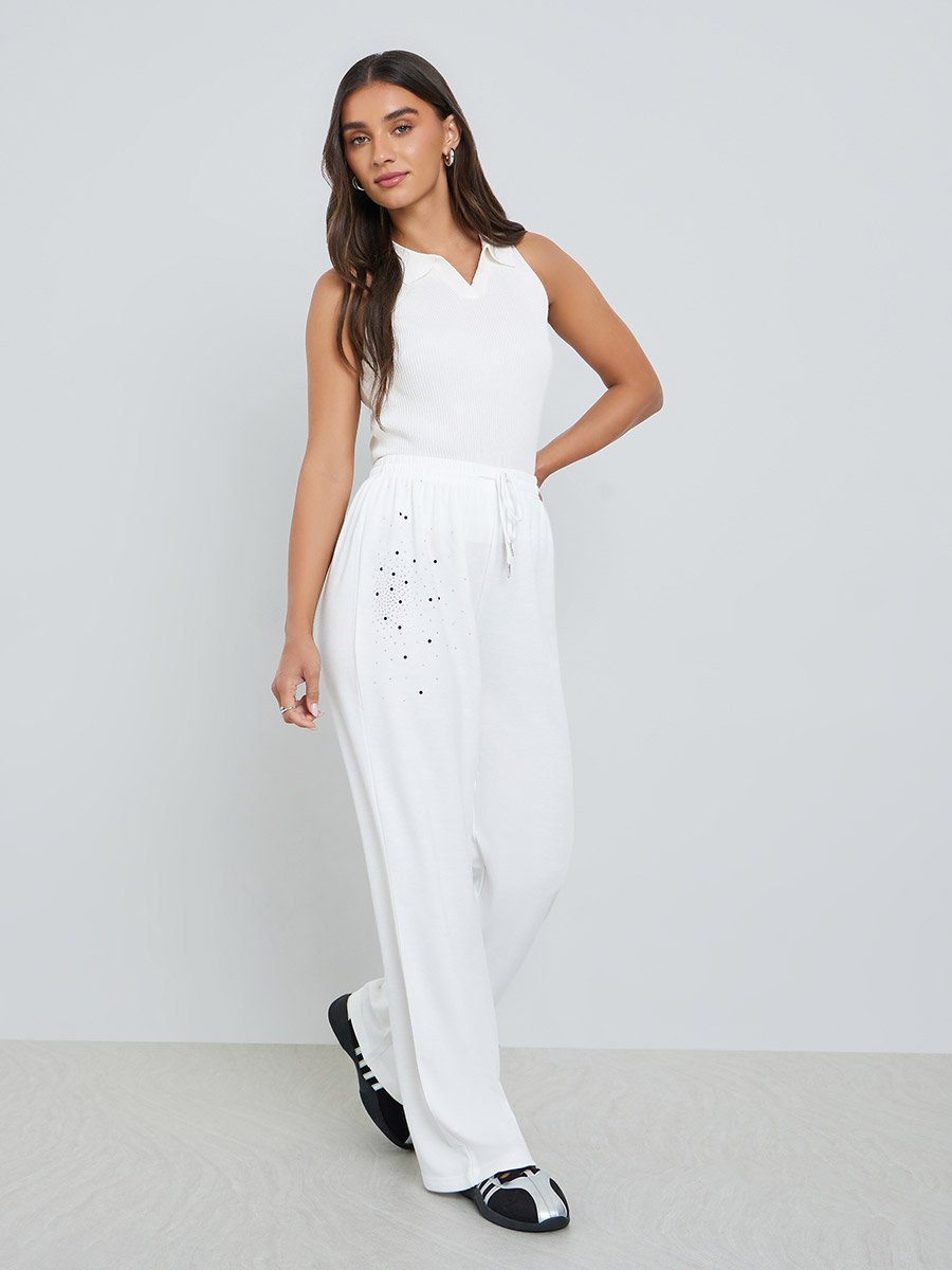 Women White Rhinestone Wide-Leg Joggers