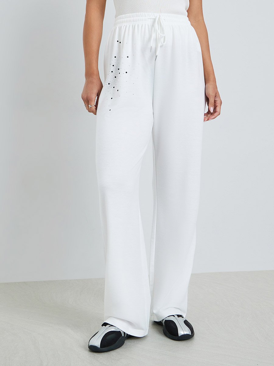 Women White Rhinestone Wide-Leg Joggers