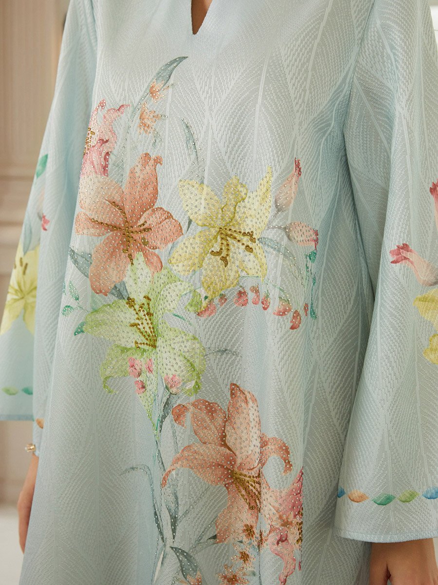 Women Textured Floral Printed Collared Jalabiya