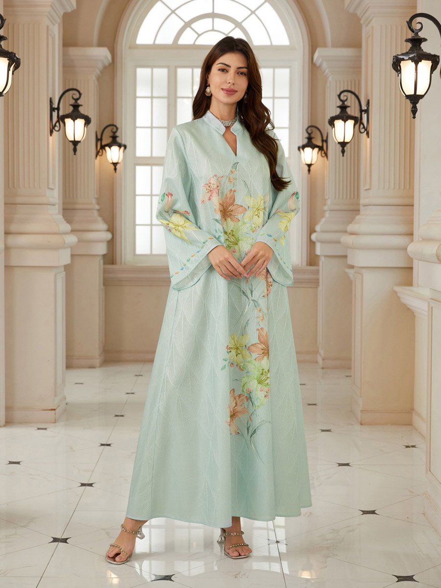 Women Textured Floral Printed Collared Jalabiya
