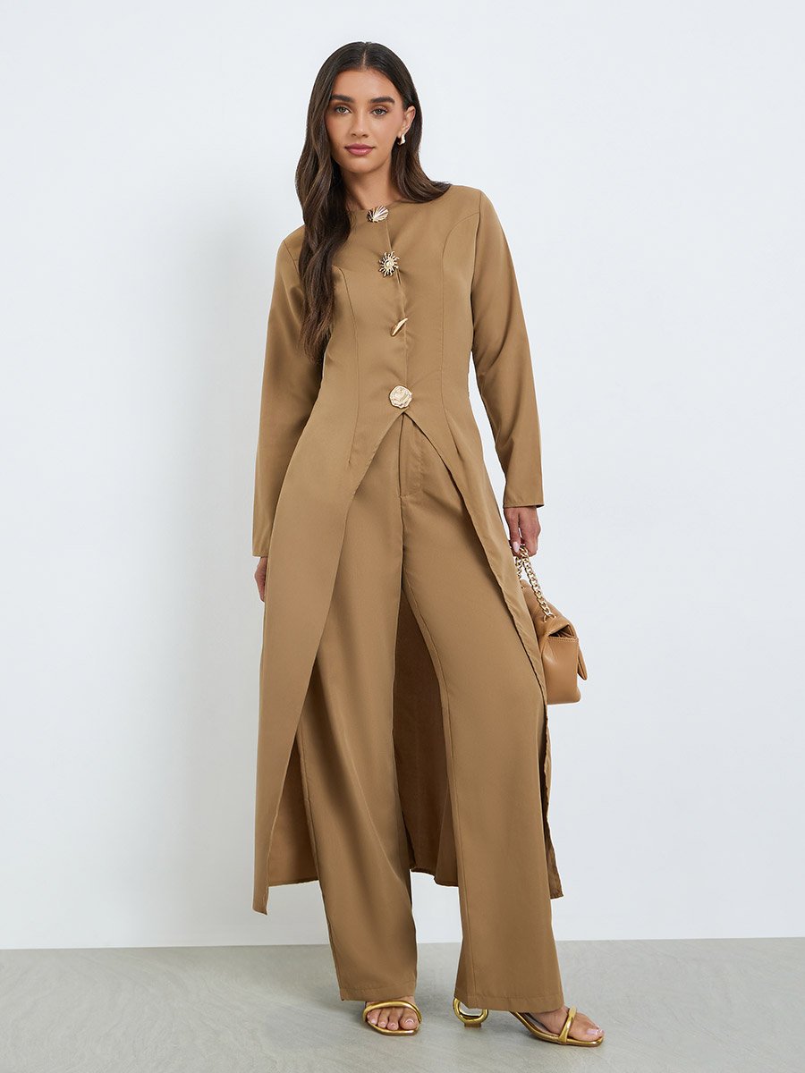 Women Metal Button Accent Long Top and Pants Co-Ords