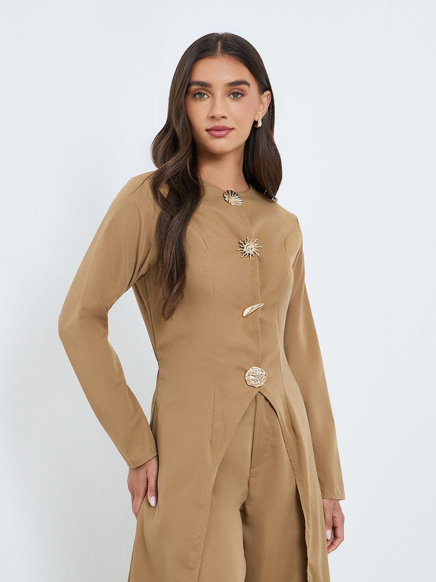 Women Metal Button Accent Long Top and Pants Co-Ords
